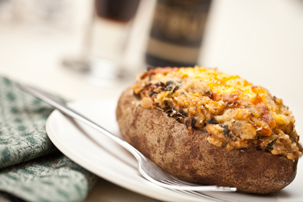 twice-baked Irish potatoes with stout, onions, and kale