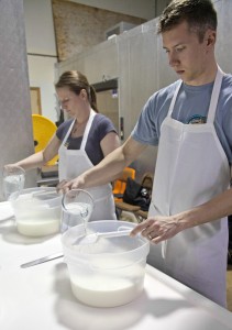 Amy and Chris Gaulle pure 180 degree water over their cheese curds to cook the curds.