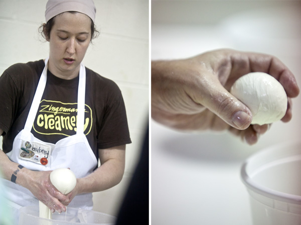 (Left) Cheesemaker Aubrey Thomason makes a mozzarela ball from curds. (Right) After forming the mozzarella ball it gets placed into brine to cool.