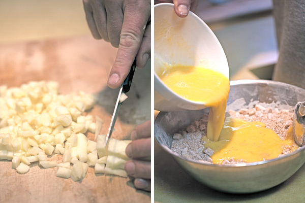 Dicing the apple. Adding the wet ingredients to the dry ingredients.