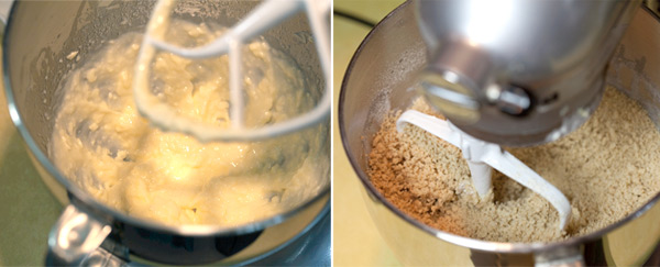 Whipped butter, oil and honey. Dough forms into tiny balls after the flour is mixed in.