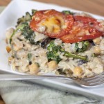 Broccoli and rice casserole with chick peas and portabella mushrooms