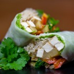 Summer rolls (or autumn rolls) with tofu and spicy peanut sauce.