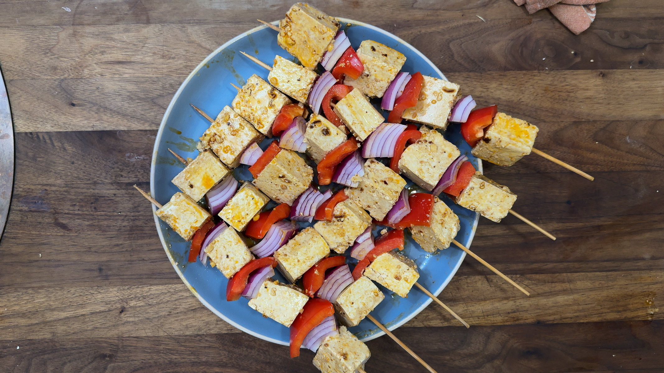 Grilled Tofu Kebabs with Chili Crisp, Snap Peas, and Bok Choy
