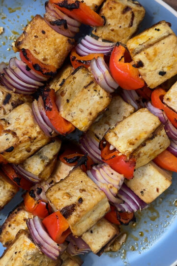 Grilled Tofu Kebabs with Chili Crisp, Snap Peas, and Bok Choy