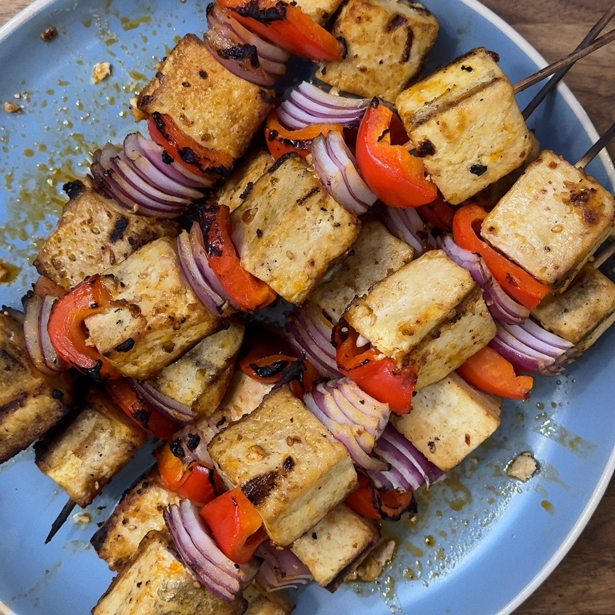 Grilled Tofu Kebabs with Chili Crisp, Snap Peas, and Bok Choy