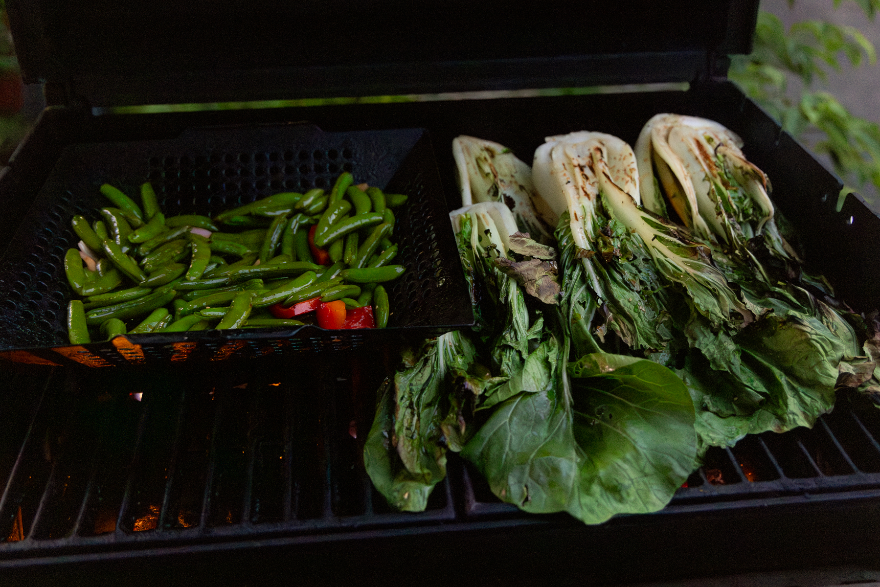 Grilled Tofu Kebabs with Chili Crisp, Snap Peas, and Bok Choy